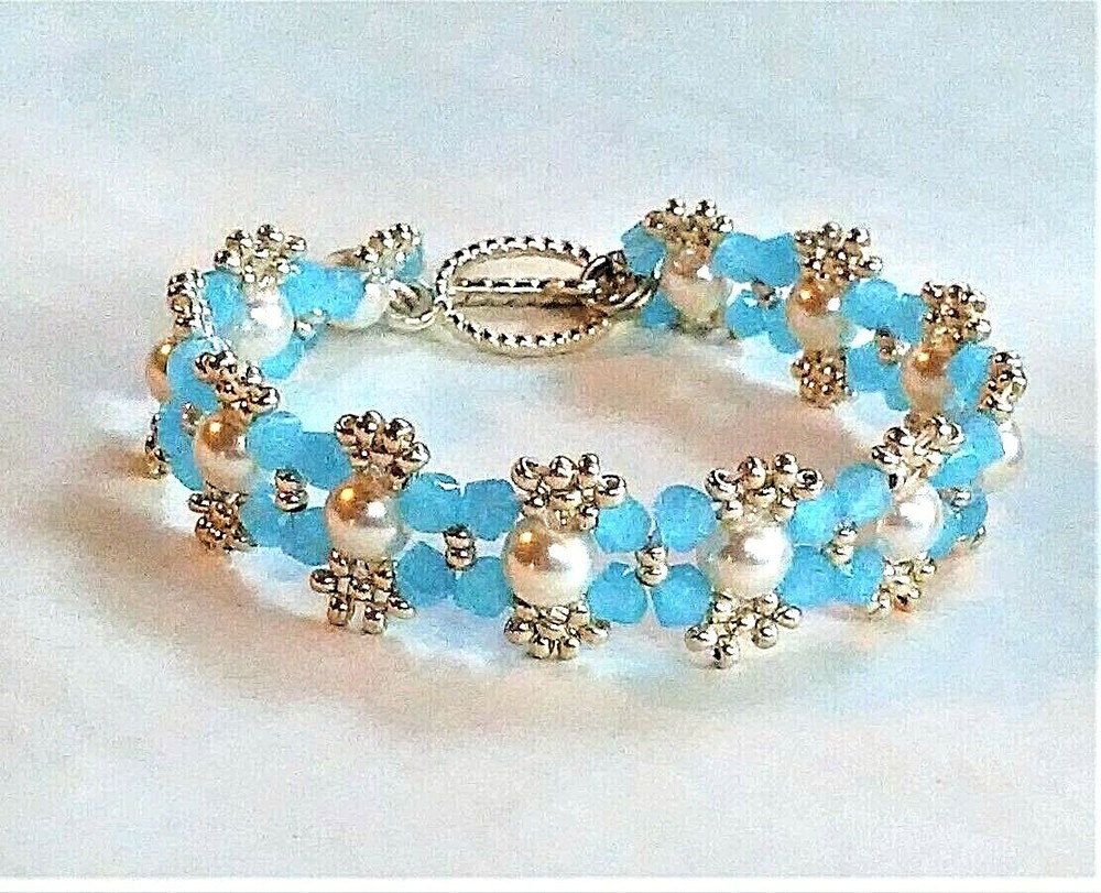 Handmade Aqua Blue White Pearl Beaded Bracelet