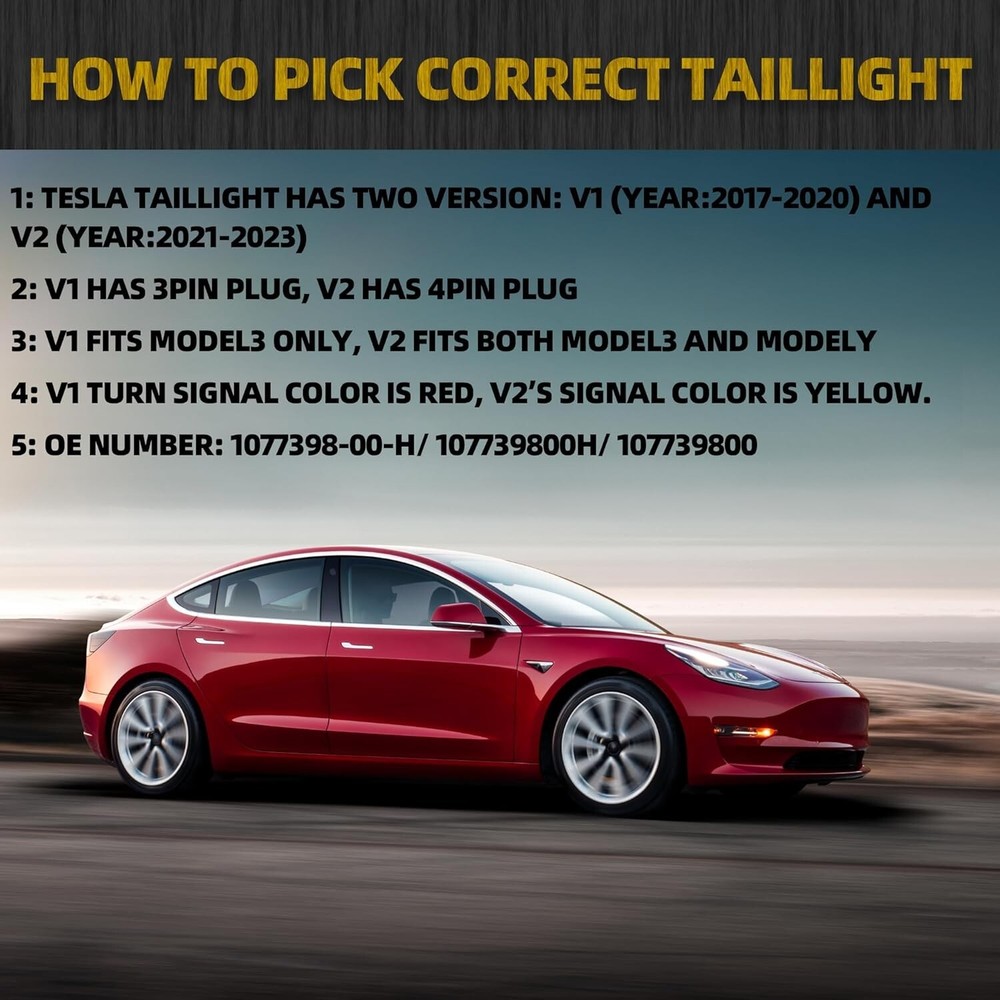 3Pin Passenger Side Rear Tail Light Compatible with 2017-2023 Tesla Model 3 Oute