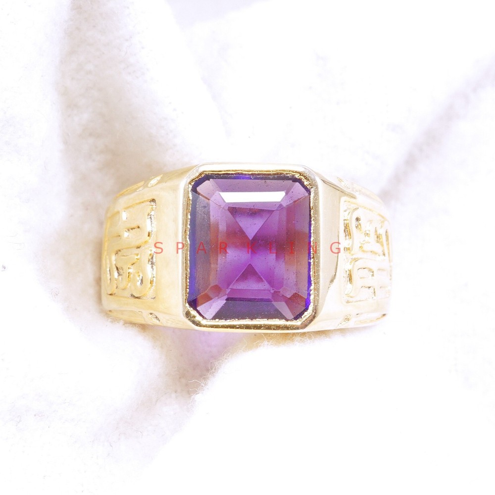 Amethyst Emerald Cut With 14K Solid Gold Ring For Men's #E493