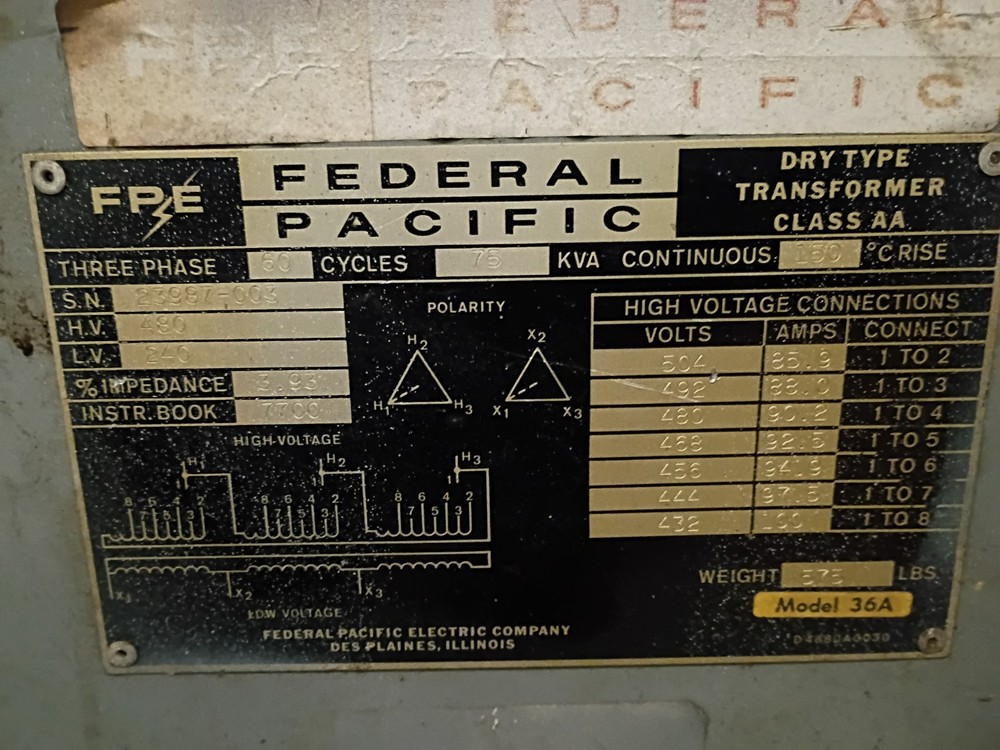 FEDERAL PACIFIC Transformer 36A 30kva 3 Phase 480