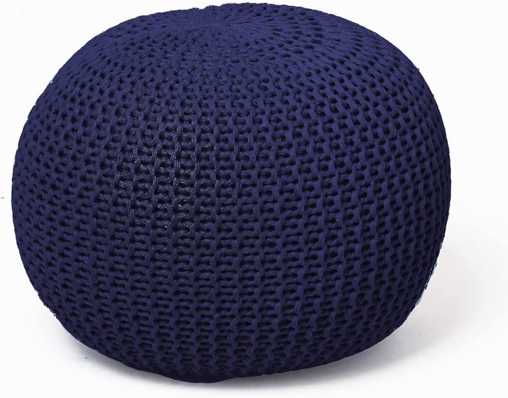 round Knit Pouf - Hand Woven Cotton, Navy
