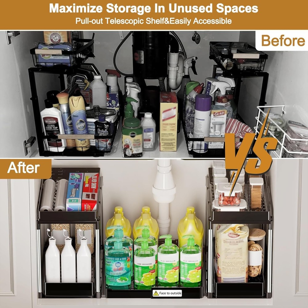 Expandable Under Sink Organizer 2 Tier Under Cabinet Organizer Double Pull Out