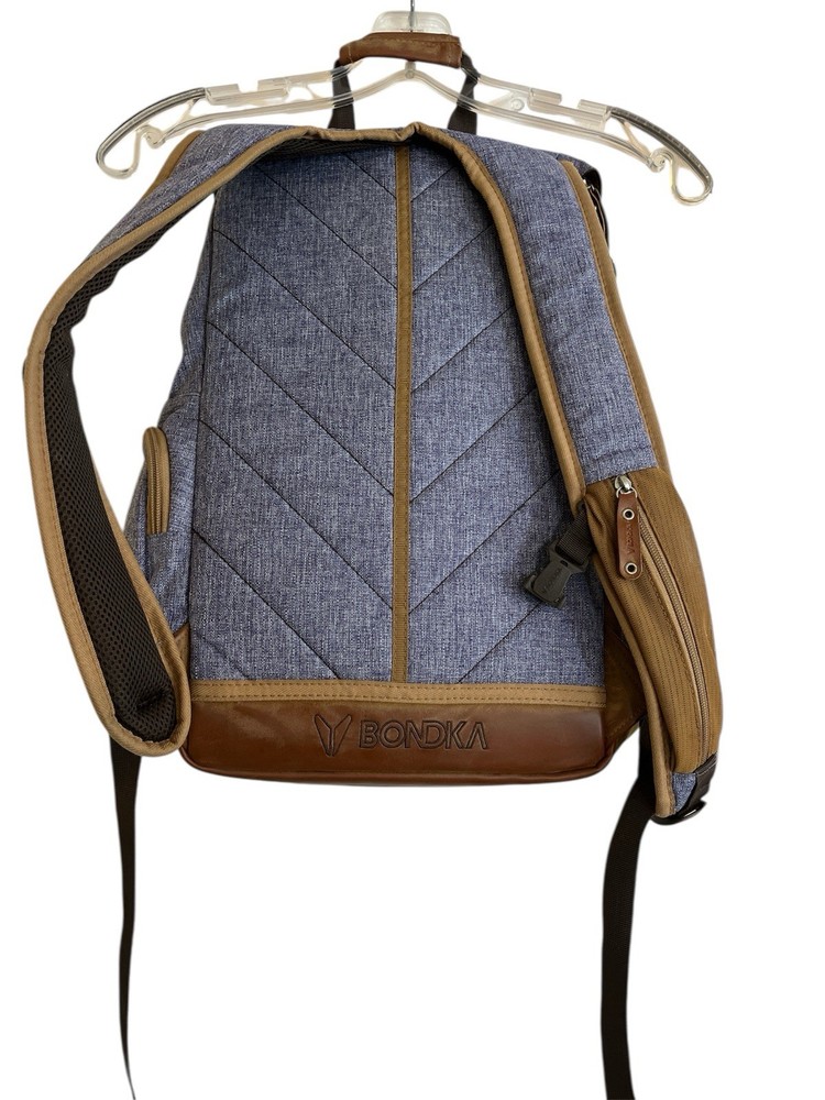 BONDKA Jigsaw Backpack, Unisex Blue Canvas, Brown Leather 7 Pockets Nice Backpac