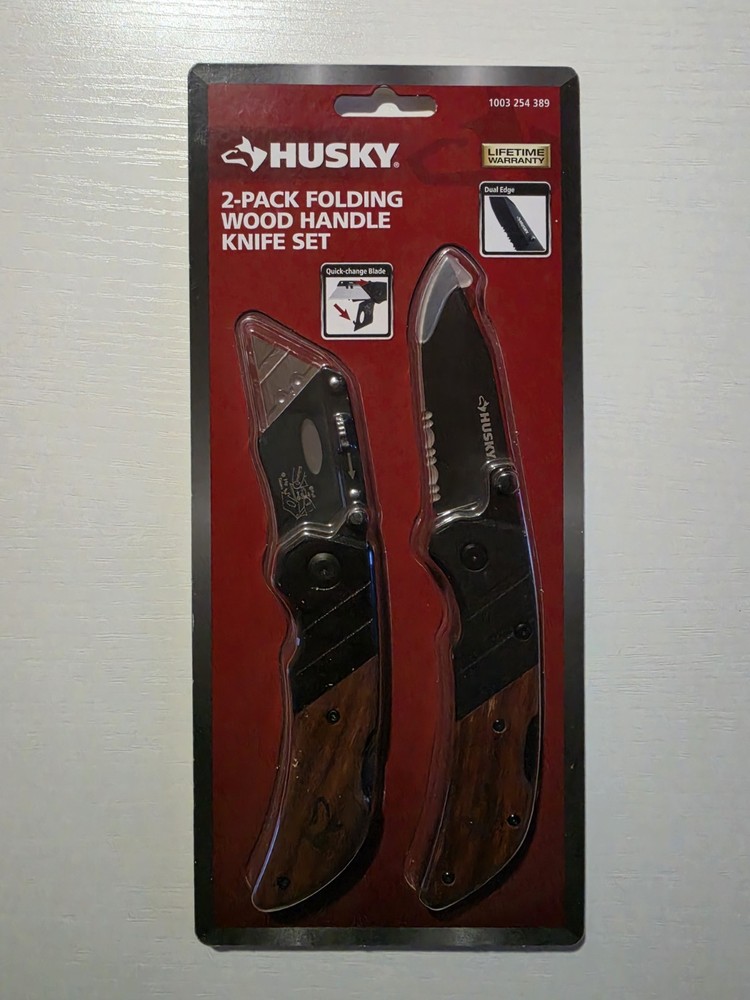 Husky 2 Pack Folding Wood Handle Knife Set Utility Knife & Folding Knife