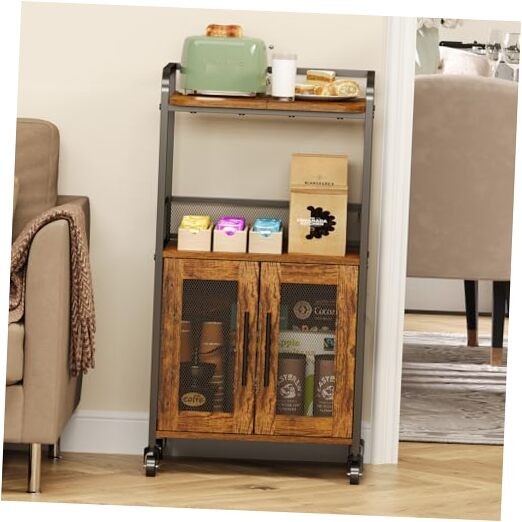 Small Coffee Bar Cabinet with Storage, 3-Tier Rolling Coffee Bar Table, Medium