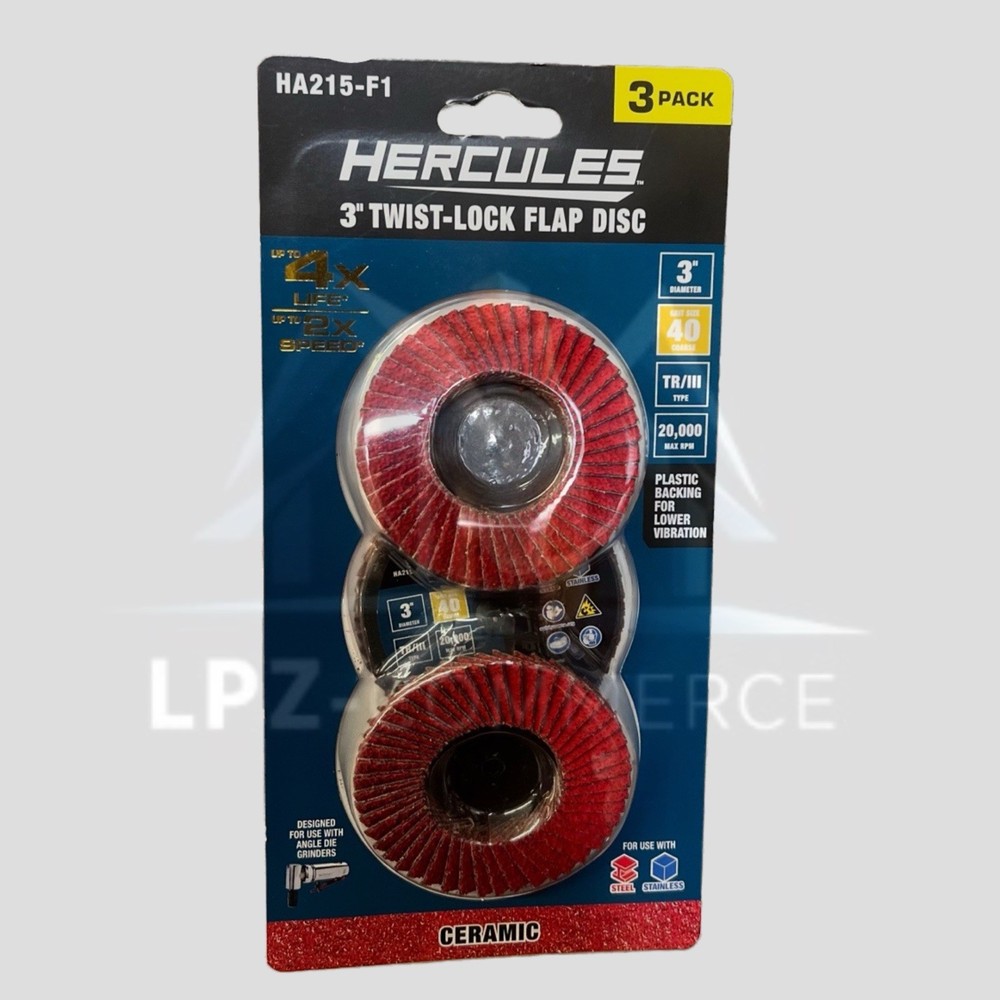 HERCULES 3” 40-Grit Twist Lock Flap Discs Ceramic TR/III – 3 Pack
