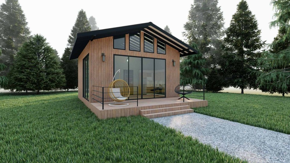 21' x 21'-6'' Modern tiny cabin house Architectural plans pdf & 3D images