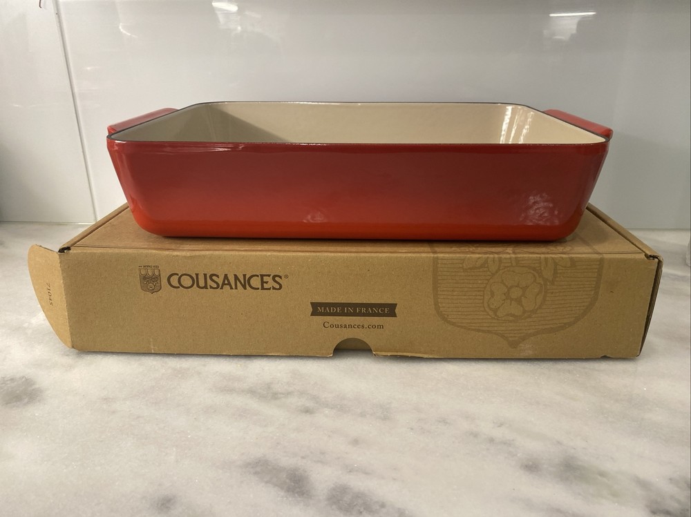 COUSANCES Large Roasting Rectangular Enamel Cast Iron 5.75 Quart QT Red Cerise