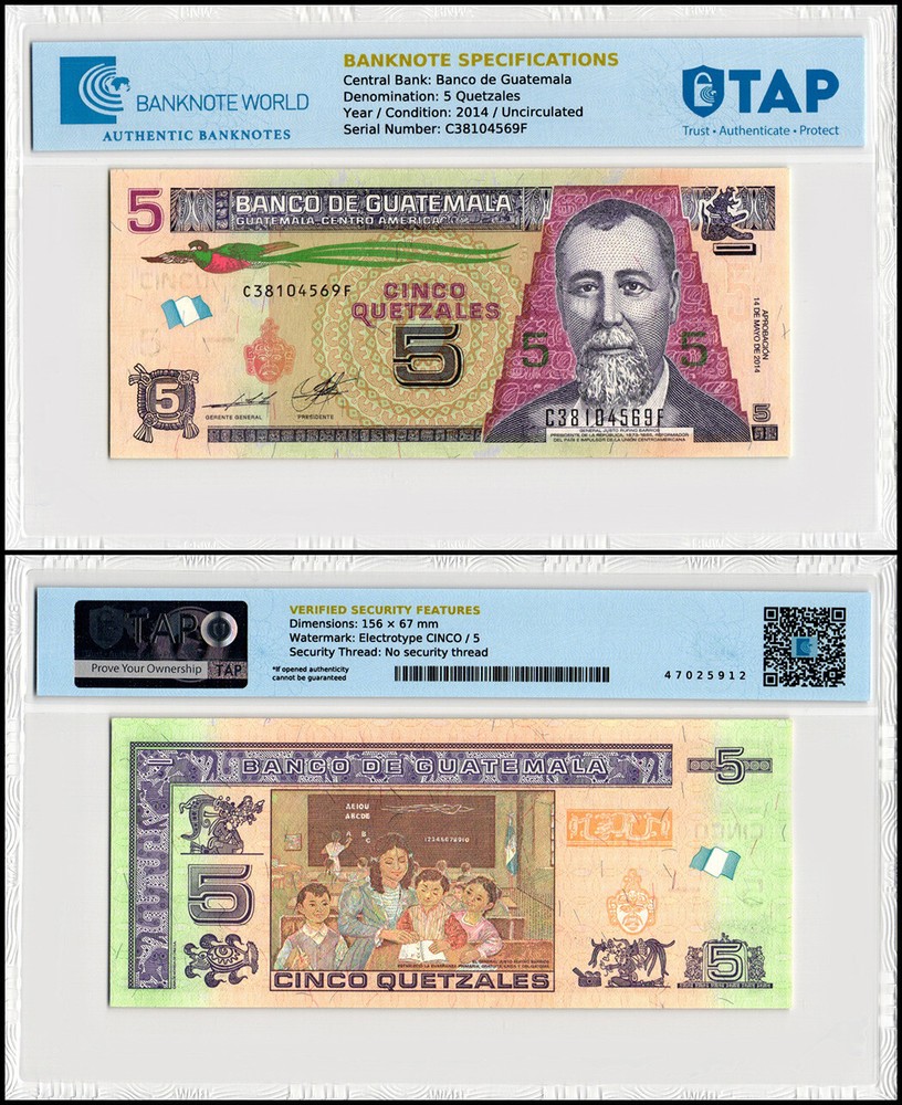 Guatemala 5 Quetzales, 2014, P-122Aa, UNC, Authenticated