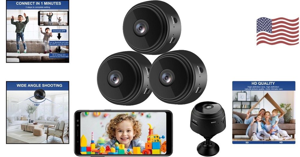 3 Mini WiFi Security Cameras - 150° Wide-Angle, Night Vision & Loop Recording
