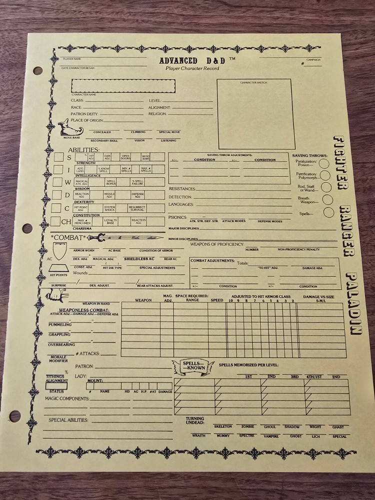 AD&D REF2 Player Character Record Sheet Singles Fighter/Ranger/Paladin TSR
