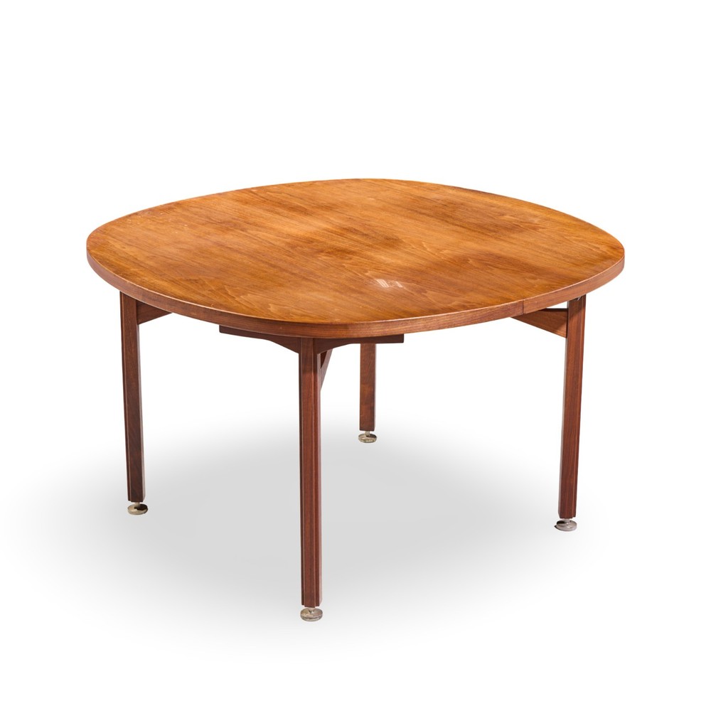 Jens Risom Mid Century Walnut Round Expanding Dining Table with 3 Leaves
