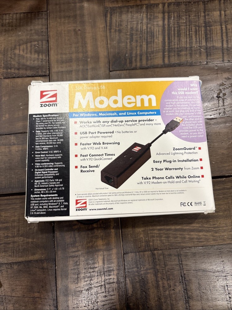 Zoom Model 3095 USB Modem 56K V.92 Data Fax Dial-Up Windows Macintosh Linux