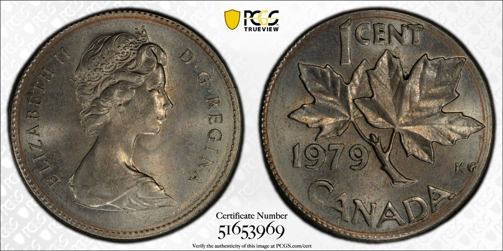 1979 Canada 1 Cent MINT ERROR, Struck on Foreign Planchet 2.33g - PCGS MS 65