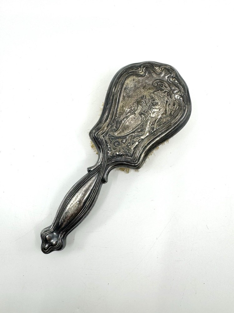 Antique 1900s VICTOR SILVER CO Silverplate Vanity Brush Rare Lion Shield Pattern