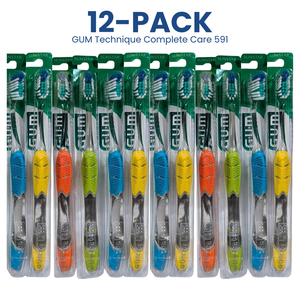 12-PACK GUM 591 Technique Complete Care Adult Toothbrush, Compact Soft, Assorted