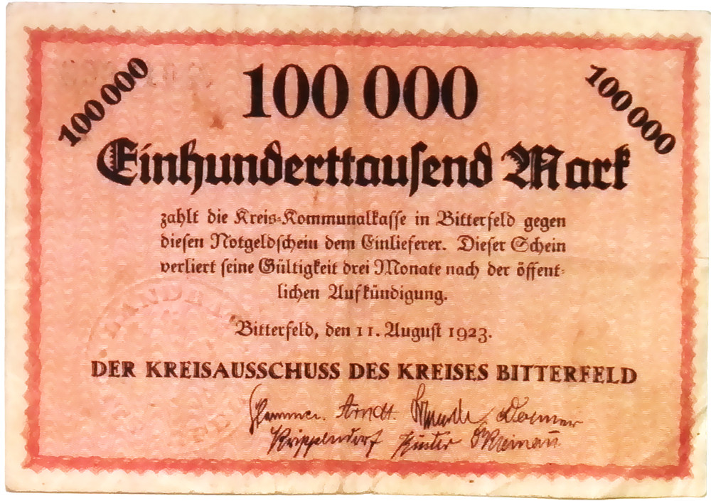 1923 Germany BITTERFELD 100.000 Mark Banknote