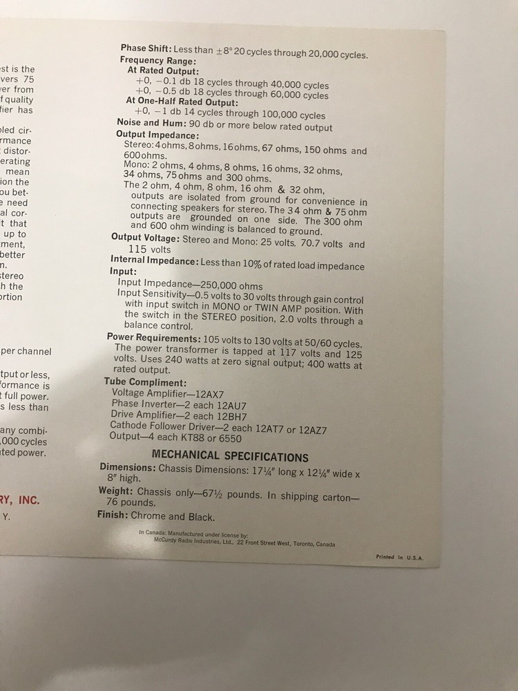 Mcintosh 275 Amplifier brochure/spec sheet