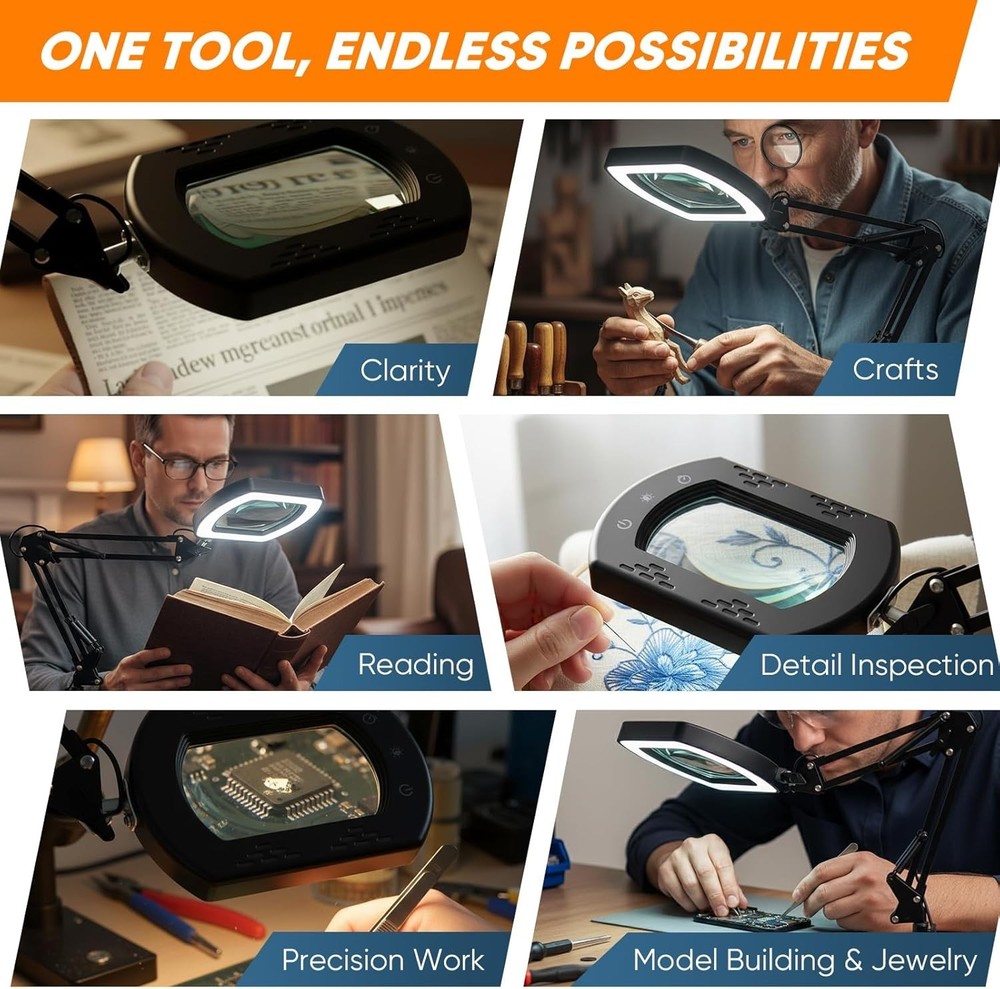 10X 30X Lighted Magnifying Glass with Stand & Clamp, 7" Large Rectangular