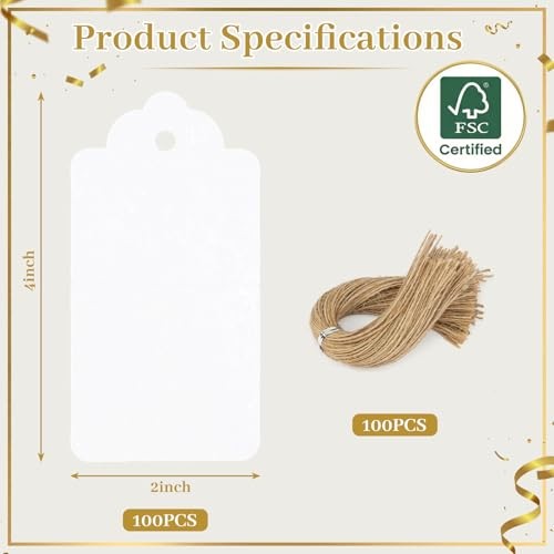 100pcs Gift Tags with String Attached, 2 x 4 inch Kraft 100pcs Large White