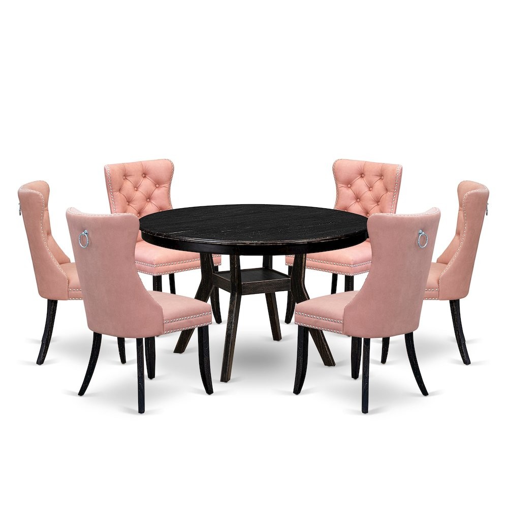 7 Piece Dining Set Includes 48" Round Kitchen Table In Beige Red Color