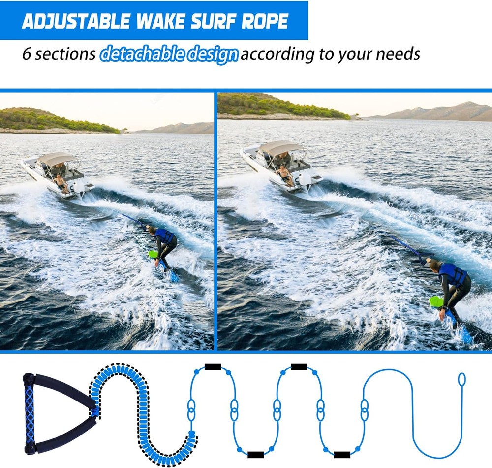 25FT Wakesurf Rope and Handle, 6 Sections Adjustable Floating Surf Tow Ropes, Br