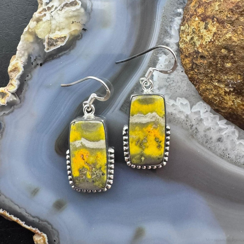 Sterling Southwestern Style Rectangle Eclipse Jasper Decorated Dangle Earrings