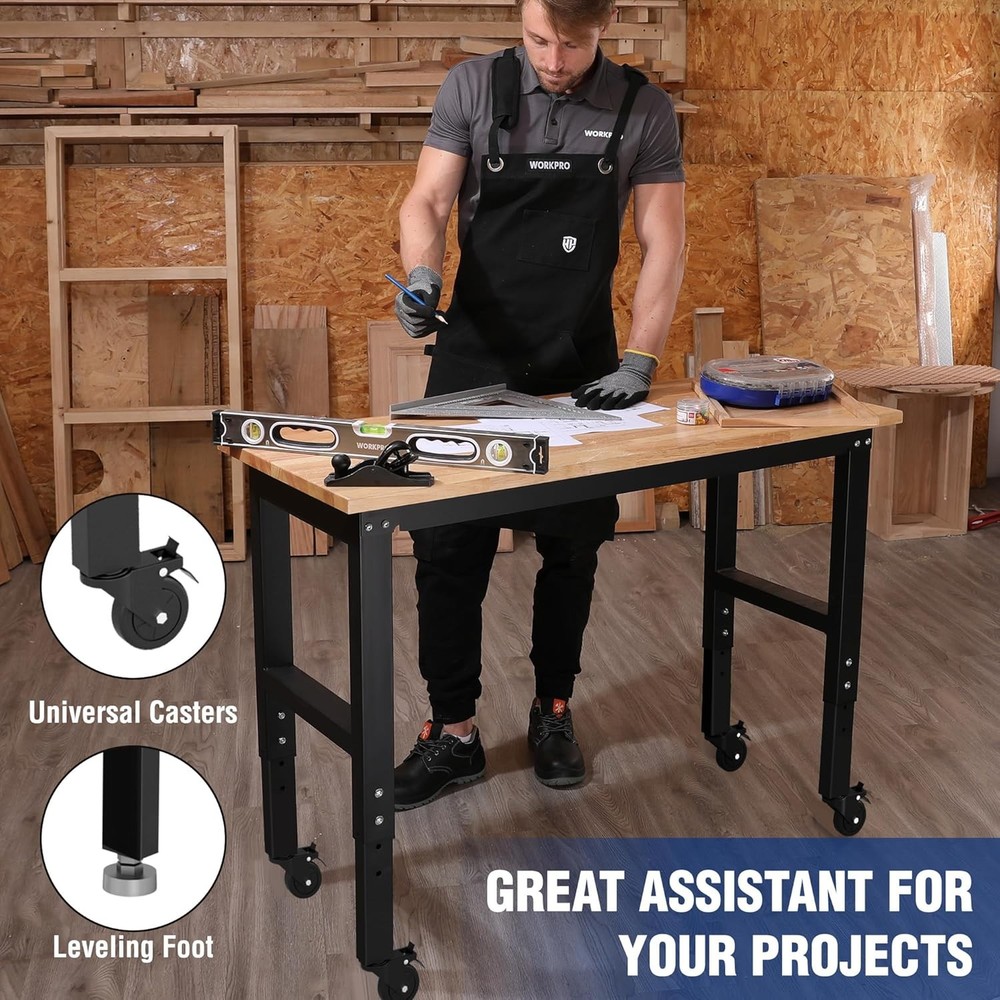WORKPRO Adjustable Height Workbench 48"X22" Work Table With Wheels Leveling Foot