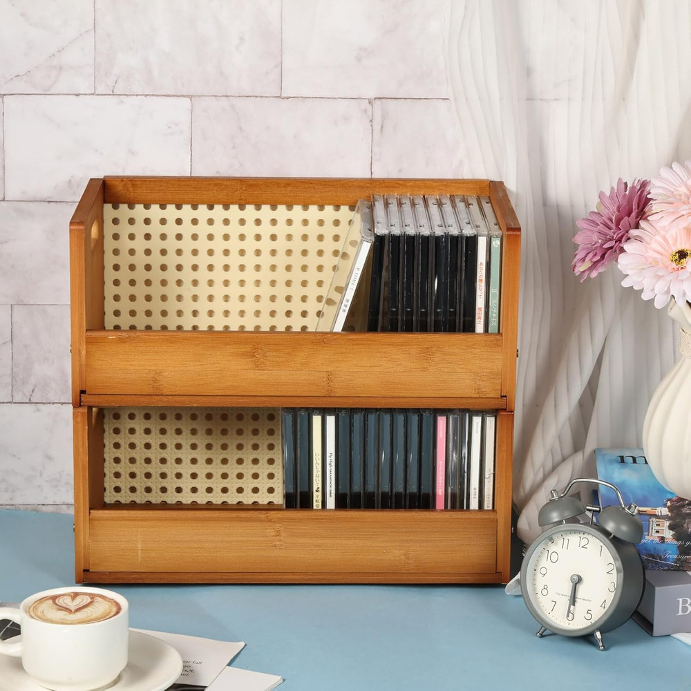 2 Set Bamboo CD Storage Box, Stackable CD Holder Racks Organizer Shelf for Movie