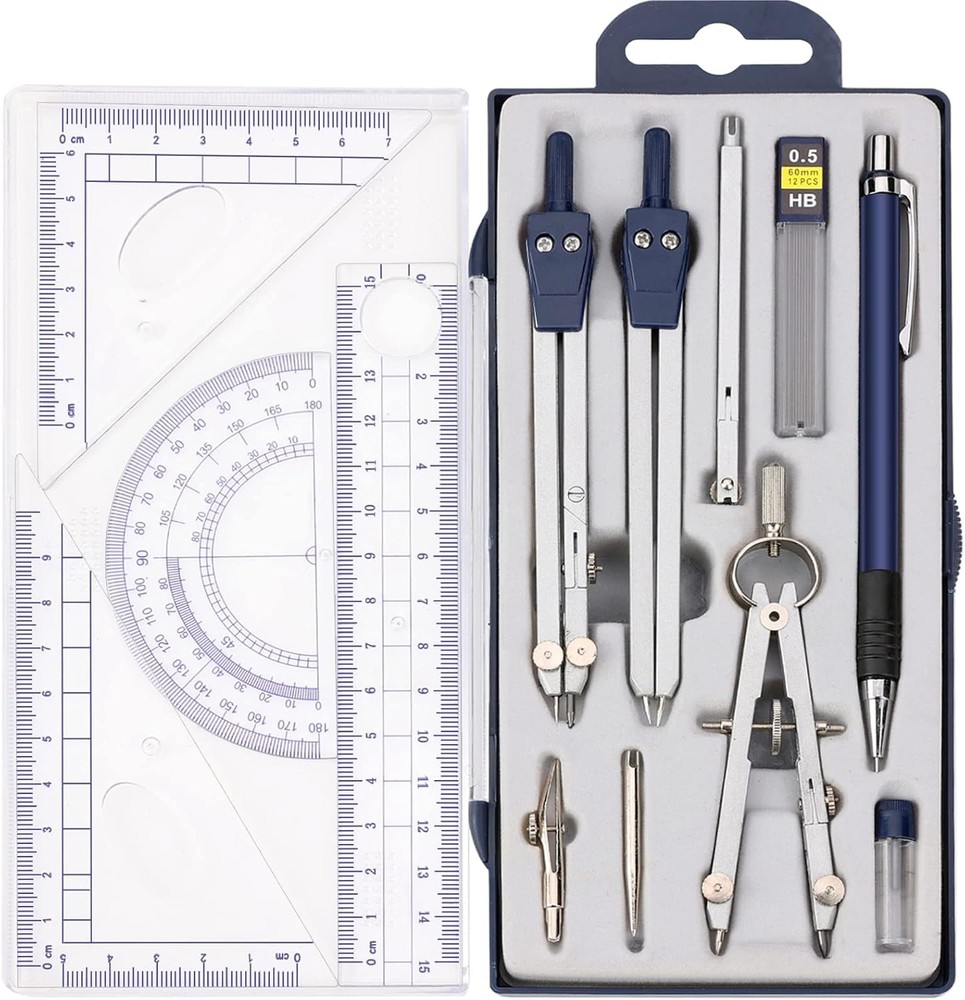 13 Pieces Geometry Set Compass Tools Math and Blue