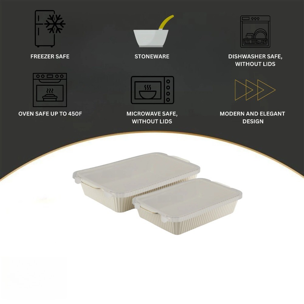 4-Piece Stoneware Casserole Dish Bakeware Set, Includes Lids, White Ribbed