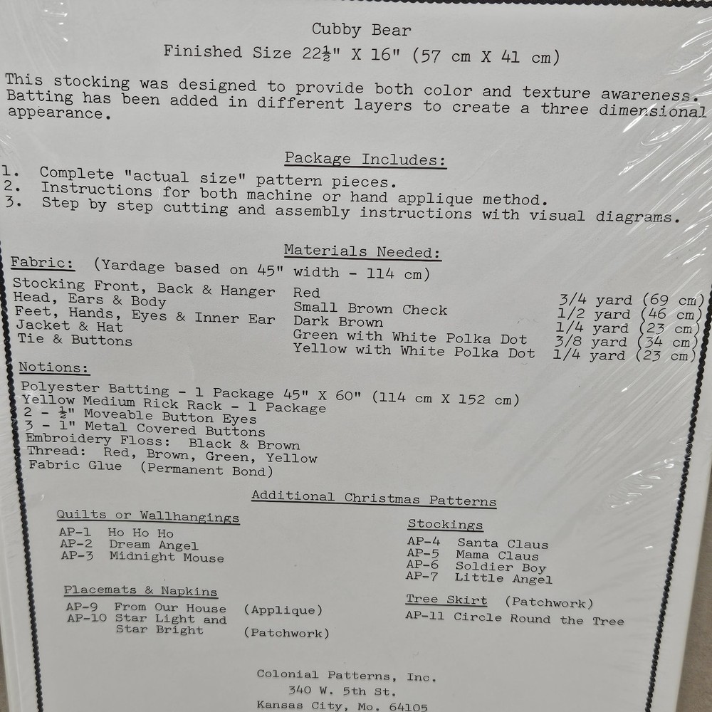 Christmas AP-8 Aunt Martha's machine zigzag applique Pattern Cubby Bear