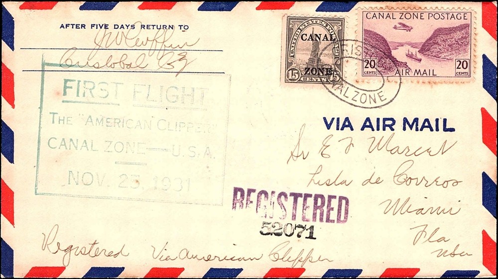 1931 Canal Zone American Clipper First Flight Registered