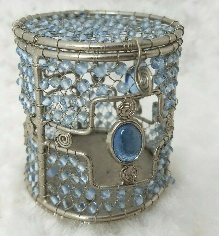Keepsake Trinket Box Blue Wire and Bead  Round B12-194