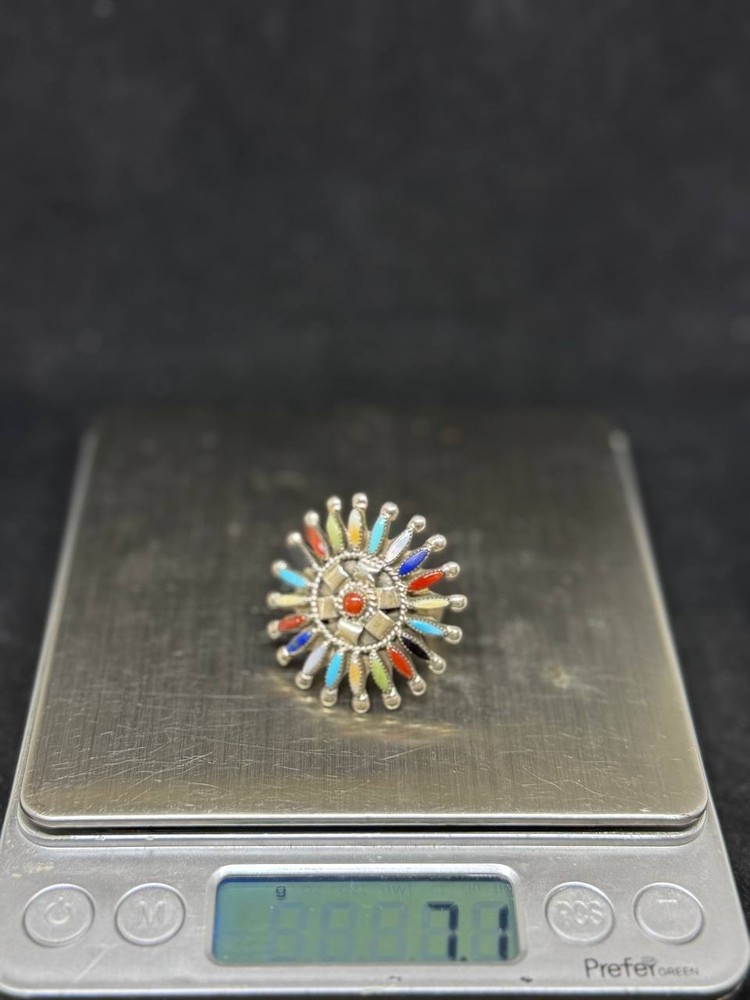 Native Zuni needlepoint multi color turquoise Sterling Silver Ring Size 8.5