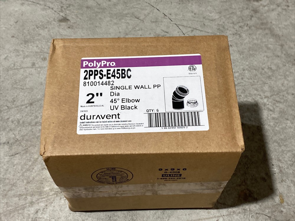 DuraVent PolyPro 2PPS-E45BC - 2" Single Wall PP - Elbow 45 Degree UV Black Qty:6