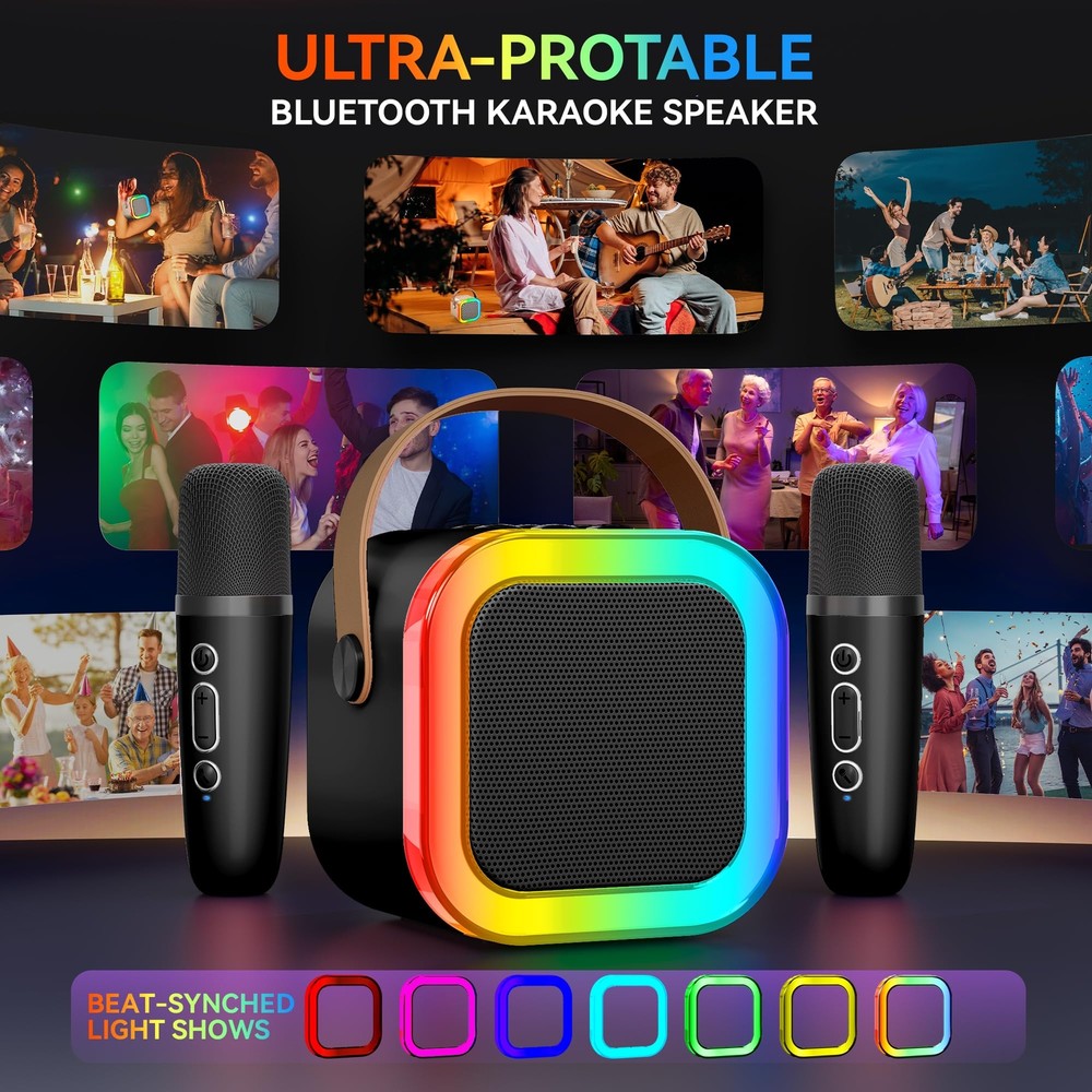 Portable Karaoke Machine with Bluetooth Dual Wireless Mics and Lighting Effects