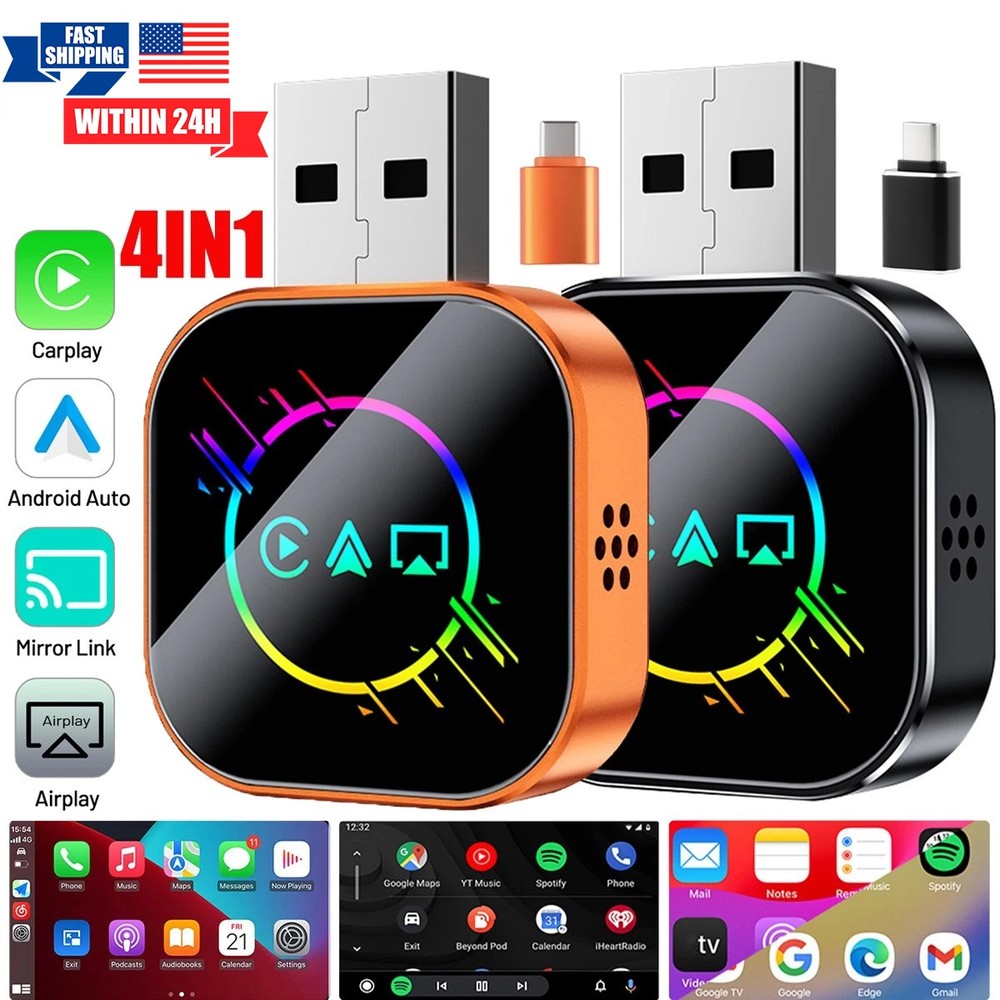 NEW 4-in-1 Wireless CarPlay Adapter Mini USB Adapter for Apple Android Plug Play