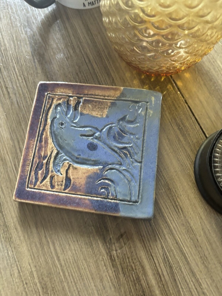 Dolphin Studio Art Pottery Tile By Piper 4.5” Square Signed Handmade