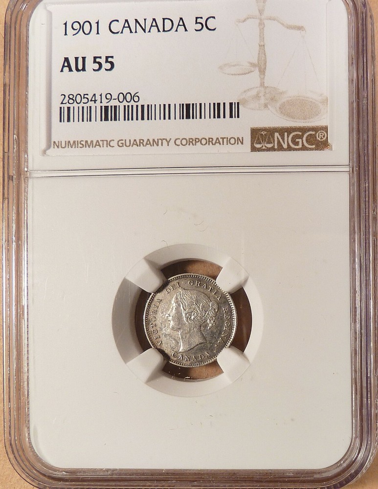 1901 Canada 5c, NGC graded AU55