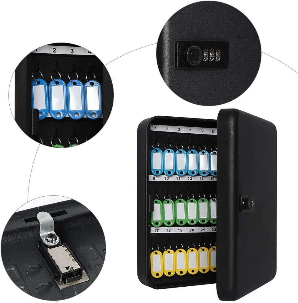 Wall Mount Key Storage Box with Code, Locking Key Cabinet Security, 48 Key Hooks