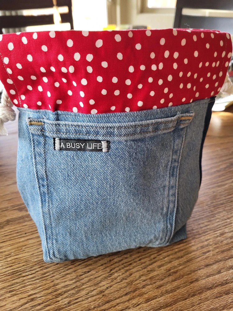 Upcycled Denim Project Bag: Drawstring Sock Sack for Knitters