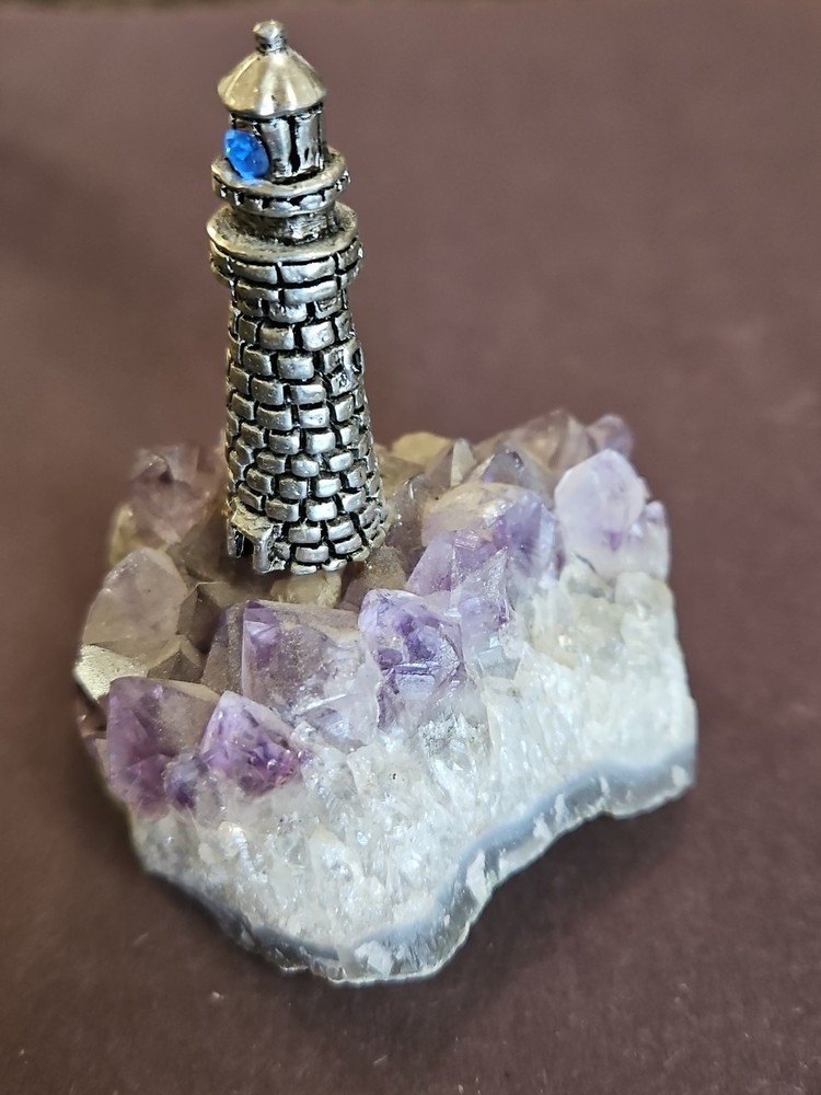 Pewter Lighthouse Blue Crystal "Light" Raw Amethyst Base