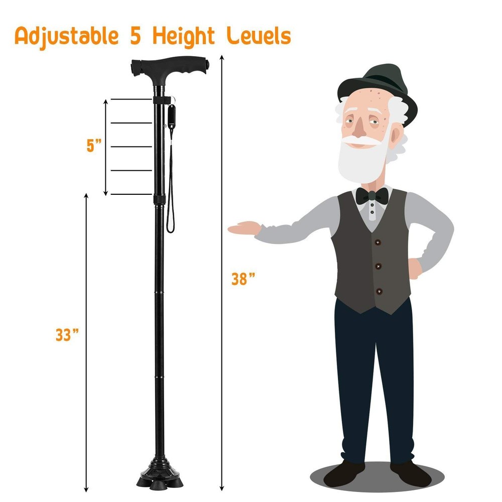 Folding Cane with LED Light, Adjustable Height 33-38" | Pivoting Quad Base for