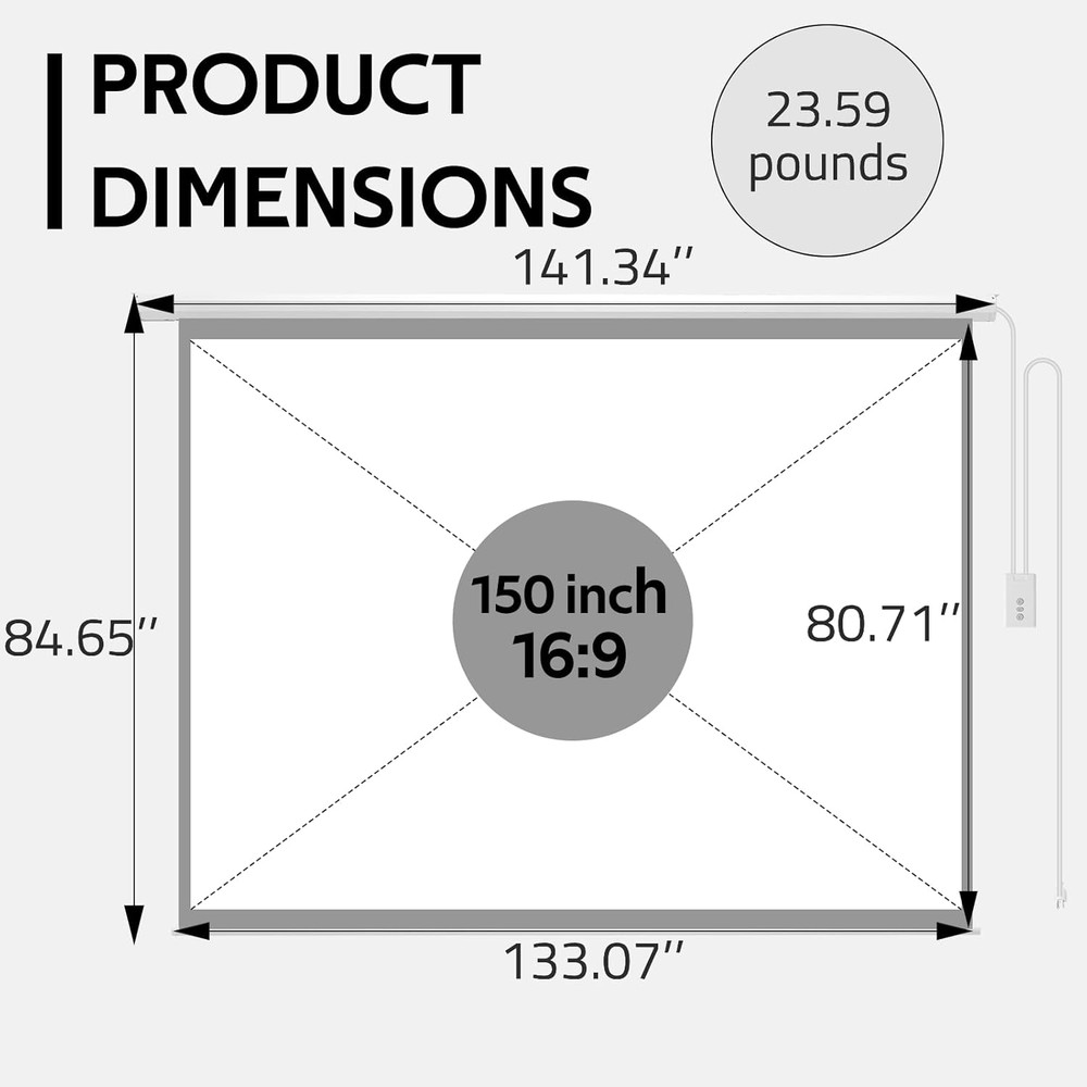 150" Projector Screen Motorized 16:9 4K HD Pull down Retractable Screen