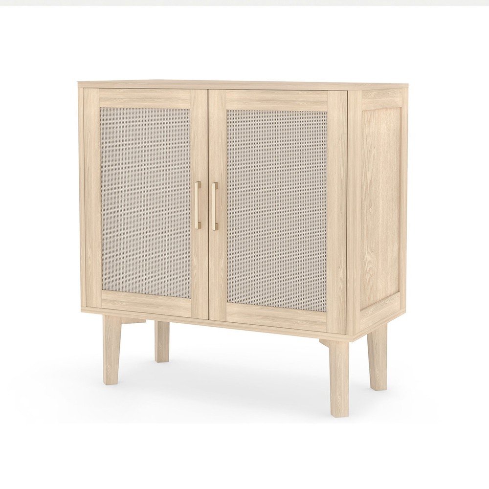 ↑Buffet Cabinet With Rattan Decor Doors Solid Wood Feet Multifunctional