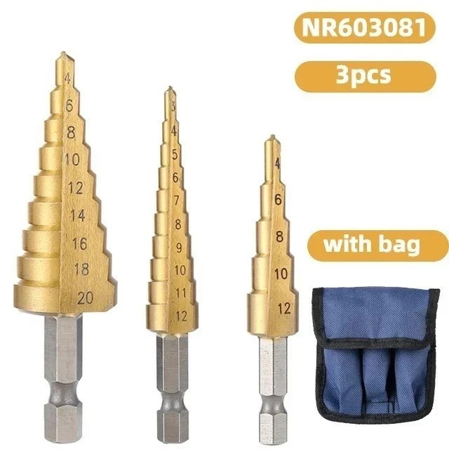 Step Drill Bit Set - Titanium Coated,High Speed Steel Drill Cone Bits,3-Piece