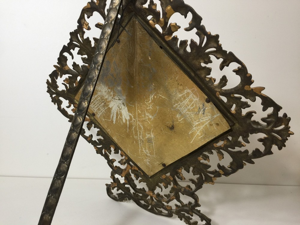 Large Antique Victorian Diamond Shape Cast Iron Rococco Easel Back Frame Mirror