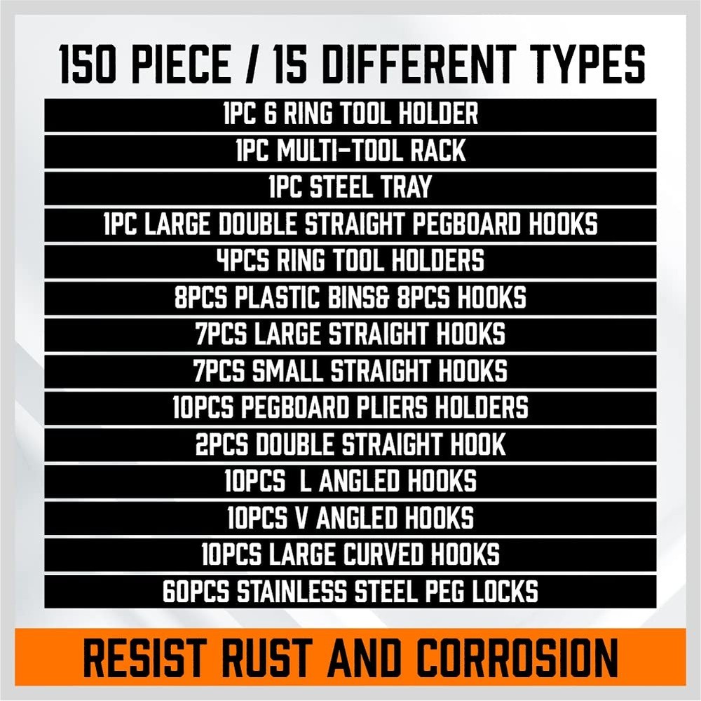 150-Piece Pegboard Hooks Assortment Pegboard Accessories with Pegboard Bins for