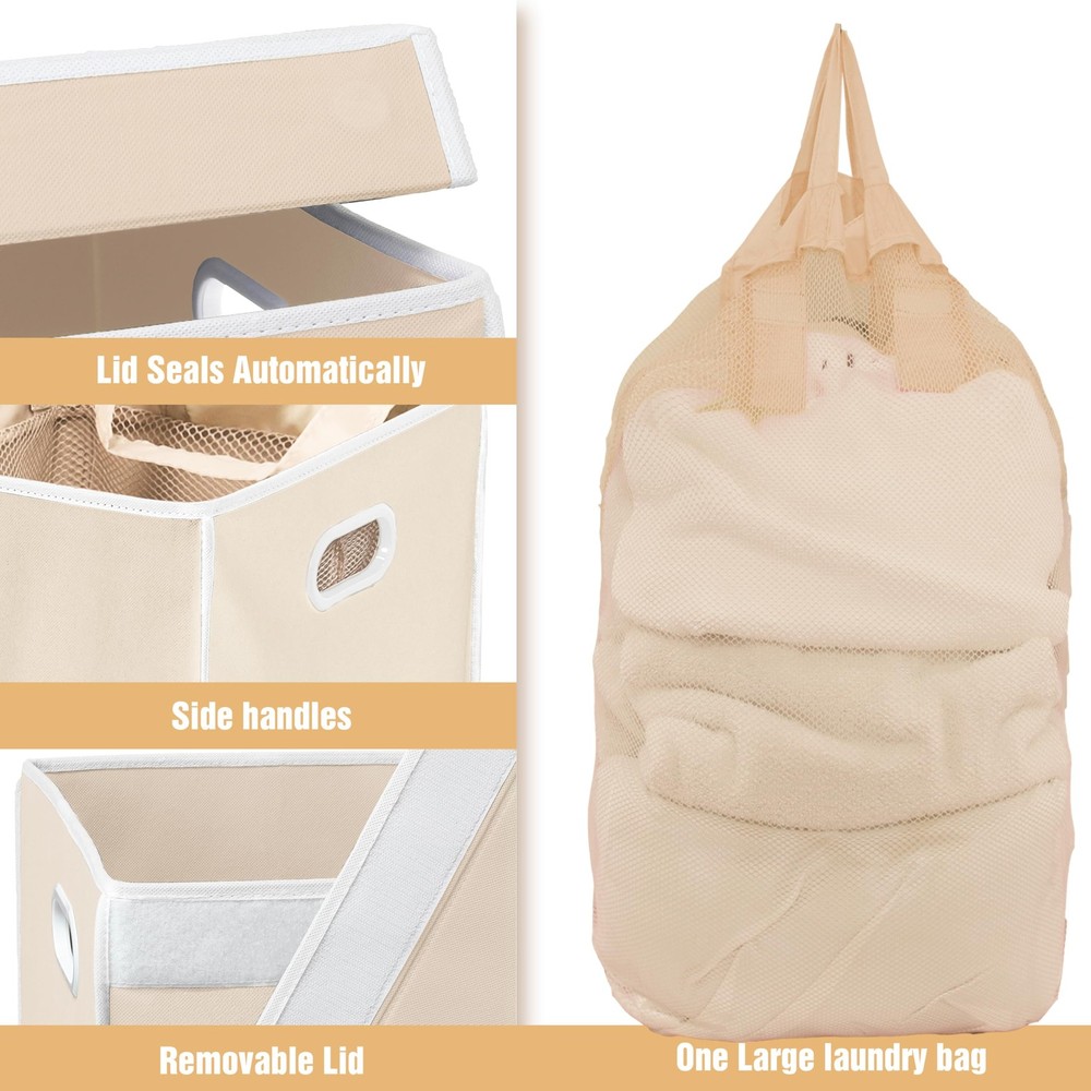 Foldable Laundry Hamper Basket with Lid, Beige